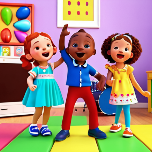 Home 15 **A vibrant, colorful 3D animation scene in the style of CocoMelon, featuring JJ and his family singing and dancing. The background should be bright and cheerful, with simple, recognizable objects like toys and musical instruments.**