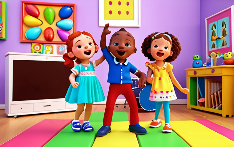 **A vibrant, colorful 3D animation scene in the style of CocoMelon, featuring JJ and his family singing and dancing. The background should be bright and cheerful, with simple, recognizable objects like toys and musical instruments.**