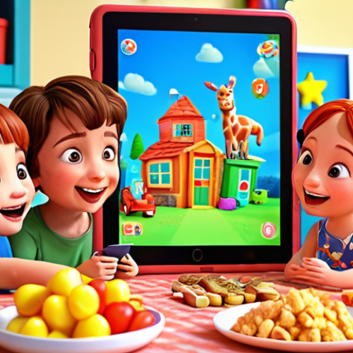 Home 14 **
"A group of young children joyfully watching Cocomelon on a tablet. Bright, colorful animation style. Focus on their happy expressions and engagement with the screen. In the background, toys and snacks are scattered, suggesting a cozy and familiar setting."
**
