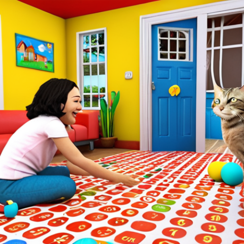 Home 7 **Prompt:** A cheerful scene of JJ, Yoyo, and TomTom playing together in their brightly colored house with Papa and Mama watching with loving smiles. Bingo the dog and Miauw the cat are playfully interacting nearby.