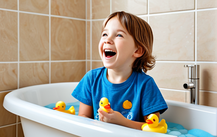 **

A young child with perfect anatomy, fully clothed in a blue t-shirt and jeans, happily singing the "Bath Song" while playing with rubber ducks in a bubbly bathtub, safe for work, appropriate content, modest, family-friendly, natural pose, proper finger count, well-formed hands, clean bathroom background, high quality, professional illustration.

**