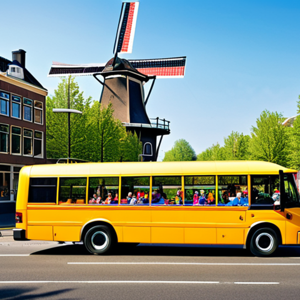 Wheels on the Bus**

"A vibrant and colorful school bus driving down a sunny street in Amsterdam, Netherlands, fully clothed children singing happily inside, the bus interacting with iconic Dutch scenery like windmills and canals, appropriate attire, safe for work, perfect anatomy, natural proportions, professional illustration, high quality, family-friendly."

**