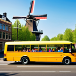 Wheels on the Bus**

"A vibrant and colorful school bus driving down a sunny street in Amsterdam, Netherlands, fully clothed children singing happily inside, the bus interacting with iconic Dutch scenery like windmills and canals, appropriate attire, safe for work, perfect anatomy, natural proportions, professional illustration, high quality, family-friendly."

**