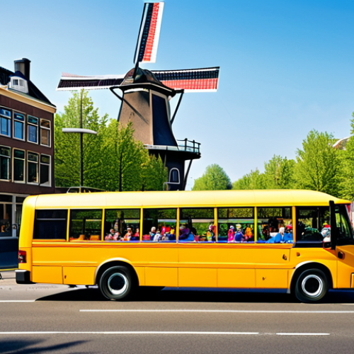 Wheels on the Bus**

"A vibrant and colorful school bus driving down a sunny street in Amsterdam, Netherlands, fully clothed children singing happily inside, the bus interacting with iconic Dutch scenery like windmills and canals, appropriate attire, safe for work, perfect anatomy, natural proportions, professional illustration, high quality, family-friendly."

**