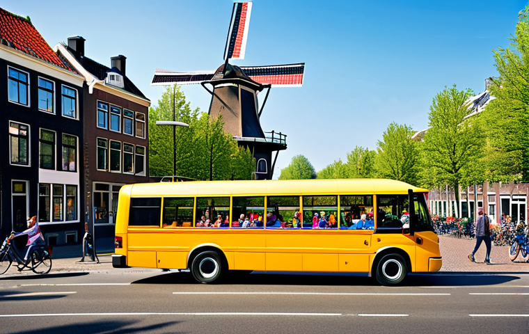 Wheels on the Bus**

"A vibrant and colorful school bus driving down a sunny street in Amsterdam, Netherlands, fully clothed children singing happily inside, the bus interacting with iconic Dutch scenery like windmills and canals, appropriate attire, safe for work, perfect anatomy, natural proportions, professional illustration, high quality, family-friendly."

**