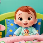 코코멜론 인형 완구 사용 후기 - **Prompt:** A cozy and warmly lit child's bedroom. A smiling toddler, approximately 2 years old, dre...