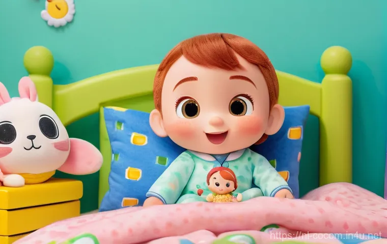 코코멜론 인형 완구 사용 후기 - **Prompt:** A cozy and warmly lit child's bedroom. A smiling toddler, approximately 2 years old, dre...