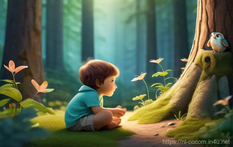 코코멜론 캐릭터와 유사한 다른 작품 - **Prompt:** A serene and whimsical scene featuring a small child, approximately 4-5 years old, weari...