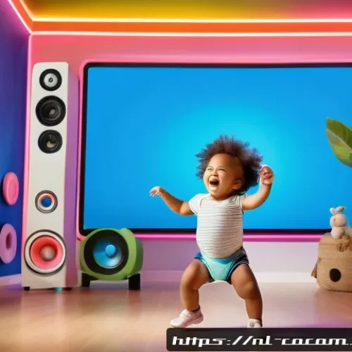코코멜론 노래 리믹스 버전 리뷰 - A vibrant and colorful children's room scene featuring a young toddler wearing a diaper, joyfully da...