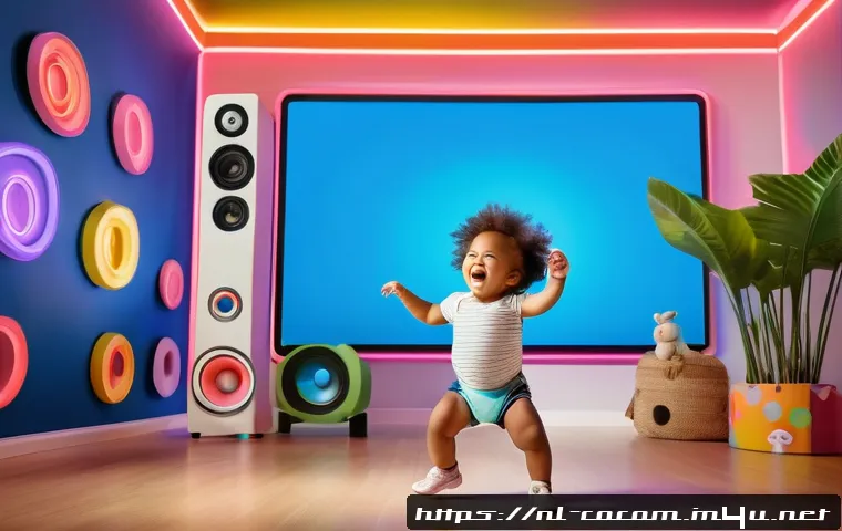코코멜론 노래 리믹스 버전 리뷰 - A vibrant and colorful children's room scene featuring a young toddler wearing a diaper, joyfully da...
