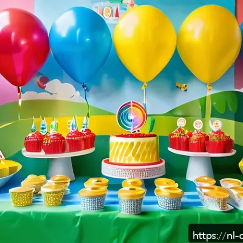 코코멜론 테마 파티 준비 팁 - A vibrant indoor children&rsquo;s birthday party scene decorated with colorful CoComelon-themed balloons a...