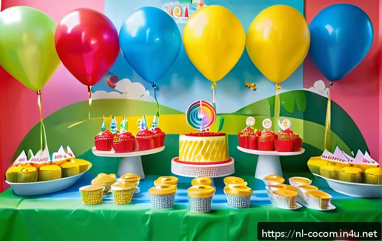 코코멜론 테마 파티 준비 팁 - A vibrant indoor children&rsquo;s birthday party scene decorated with colorful CoComelon-themed balloons a...